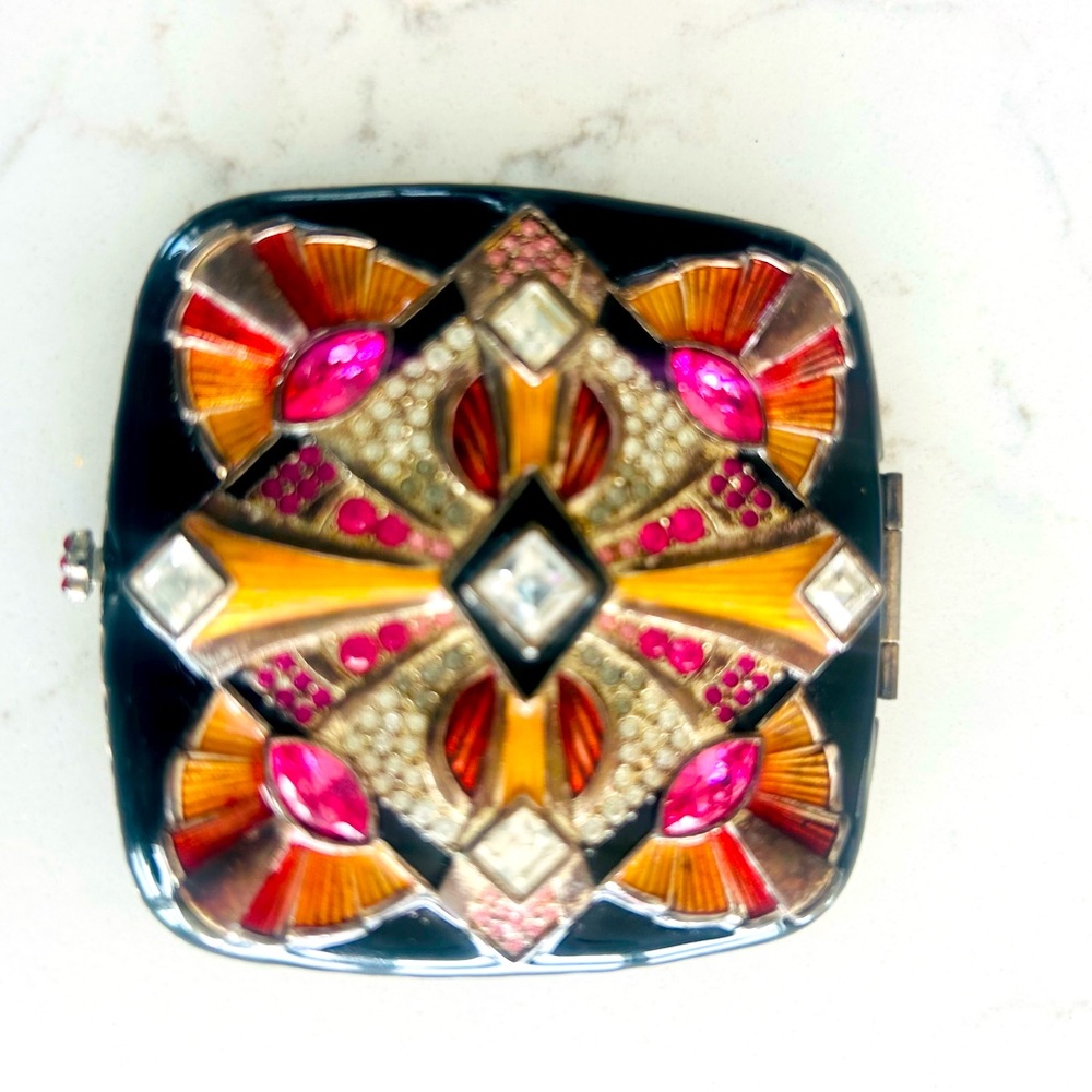 Vintage Jay Strongwater Black Pink enamel jeweled crystal dual mirror compact